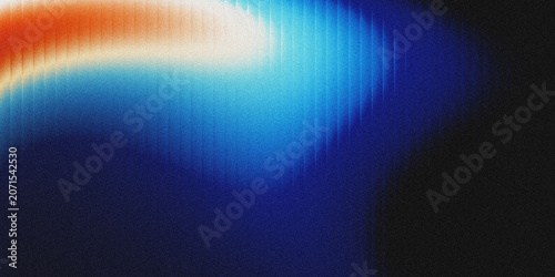 Obraz na płótnie Textured grainy abstract background with vertical streaks, smooth color gradient shifting from warm orange, cream white, light cyan blue to deep navy blue, fading into a solid black noisy texture
