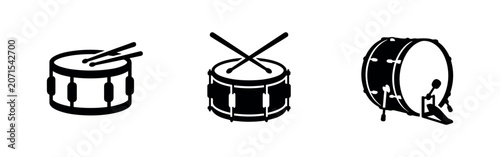 Canvastavla Three black icons of drums and drumsticks.