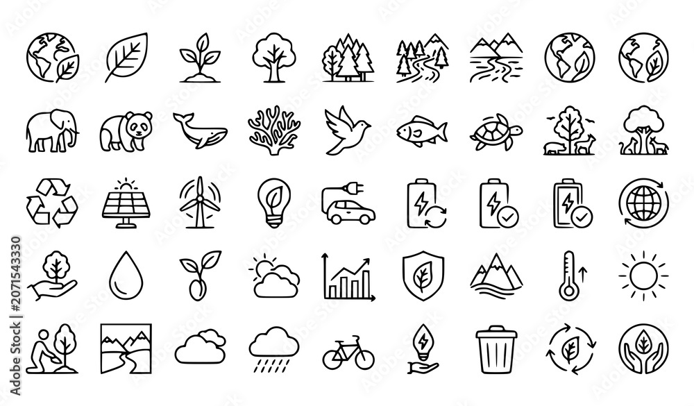 Fototapeta premium Editable Ecology and Environment Outline Icons Collection Thin Line Vector Set