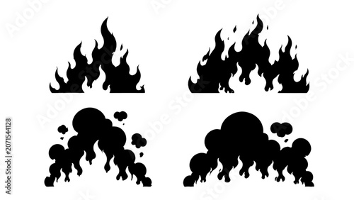 Obraz na plátně Black flame and smoke silhouette set isolated on white