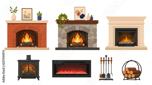 Schilderij op canvas Set of fireplace and wood stove vector home heating icons