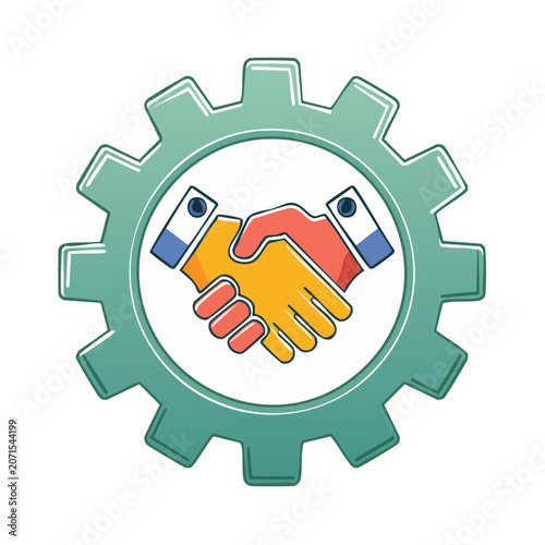 Handshake inside gear icon, flat vector illustration