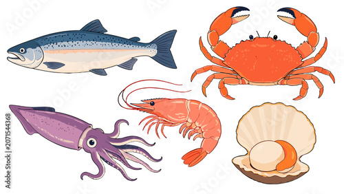 Canvastavla Seafood animal set with fish crab squid shrimp and scallop