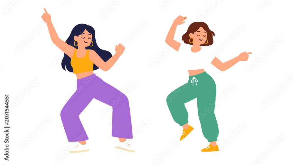 Obraz premium Flat vector illustration set of two women dancing