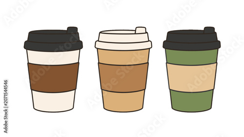 Konstfotografi Flat cartoon takeaway coffee cups set on white background