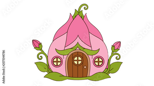 Tableau sur toile Pink flower bud cottage with leaves in flat vector style