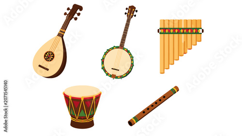 Bild auf Leinwand Folk music instruments set with lute drum flute and panpipes