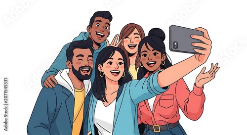 Cute cartoon illustration of group of friends taking photo with smartphone, laughing and smiling