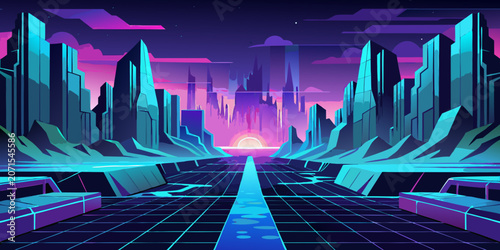 Futuristic neon city skyline with digital grid road, vector