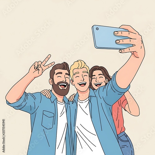 Cute flat vector illustration of three friends taking a selfie, arms extended toward camera, smiling and laughing