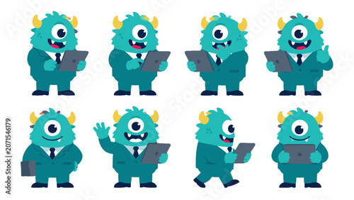Εκτύπωση καμβά Cartoon one eyed monster mascot in teal suit using a tablet set