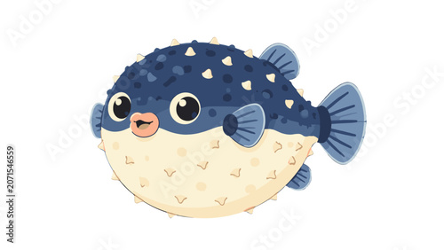 Cuadro en lienzo Cute cartoon puffer fish isolated on white background