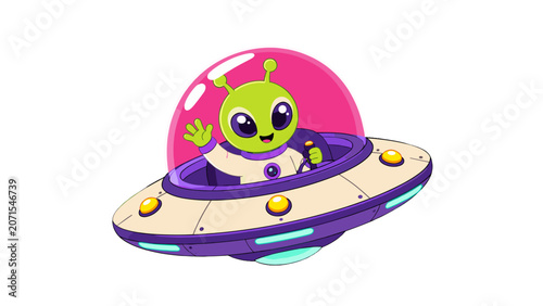 Foto Cute cartoon alien waving from a flying saucer spaceship