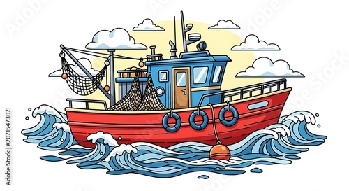 Side view cartoon fishing boat drawing, bright red hull, blue cabin, fishing nets and buoy details