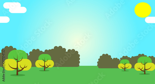 Cartoonish landscape with flat trees and blue sky with sun and clouds, simple nature background.