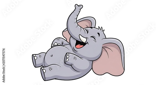 Cute cartoon elephant lying on its back laughing, eyes closed, mouth wide open 