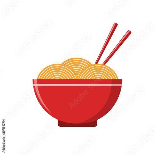 Red bowl of spiral noodles with chopsticks