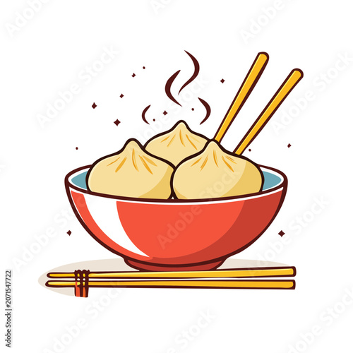 Steamed Dumplings in Bowl with Chopsticks Vector Illustration