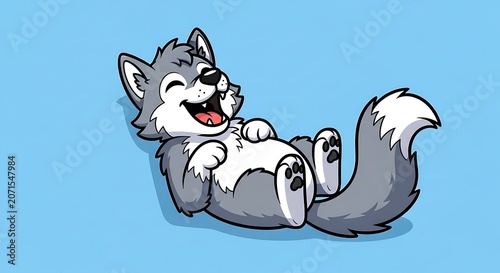 Cute cartoon dog lying on its back laughing, eyes closed, mouth wide open showing teeth