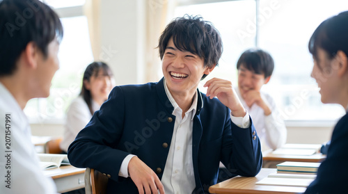 笑顔の男子高生たち　学校生活を楽しむ制服姿の学生
