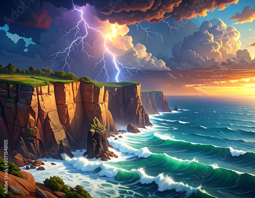 A dramatic seascape with a lightning storm over a rugged cliff (9)
