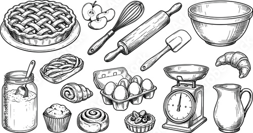 Foto Set of handdrawn baking ingredients and kitchen tools, including pie, whisk, rol