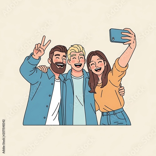 Cute flat vector illustration of three friends taking a selfie, arms extended toward camera, smiling and laughing