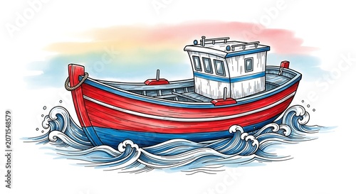 Colorful hand drawn fishing boat illustration, small wooden boat with bright red and blue paint
