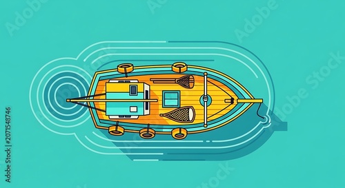 Top view colorful fishing boat drawing, wooden boat with yellow and turquoise colors, floating on teal water