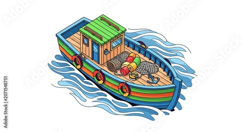 Isometric fishing boat illustration, colorful wooden boat with green, orange, and blue tones, small fishing gear on deck, stylized sea surface, modern isometric drawing style, clean background