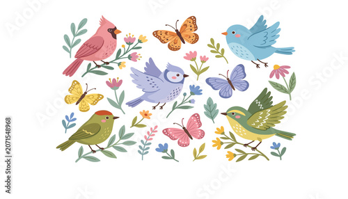 Photography Cute spring birds and butterflies vector illustration set featuring colorful car