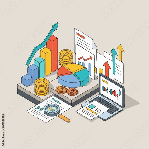 Isometric illustration of financial growth and business analytics on laptop.