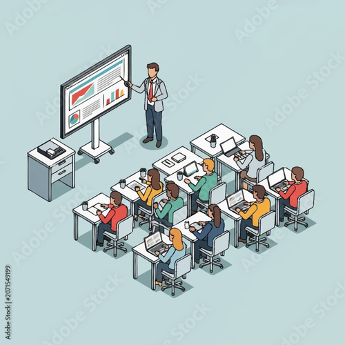 Business presentation in a modern office classroom setting.