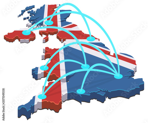 Isometric map of United Kingdom textured with national flag, representing decentralized logistics, domestic trade, data transfer, and telecommunication network (cut out).