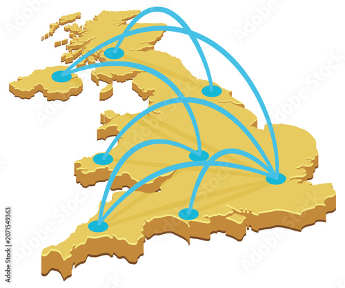 Isometric golden map of United Kingdom representing decentralized logistics, domestic trade, data transfer, distribution hub, and telecommunication network (cut out).