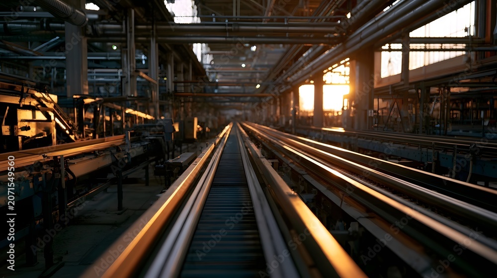 Obraz premium A massive industrial production facility featuring conveyor belts bathed in a warm golden light
