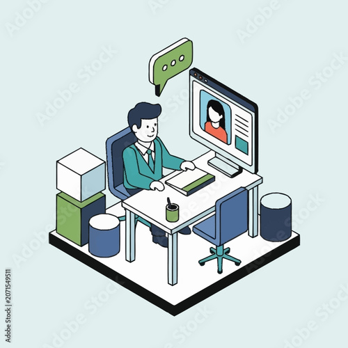 Illustration of a man working on a computer in a modern office setup.