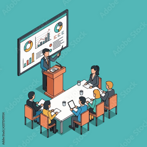 Business presentation with team in modern office setting.