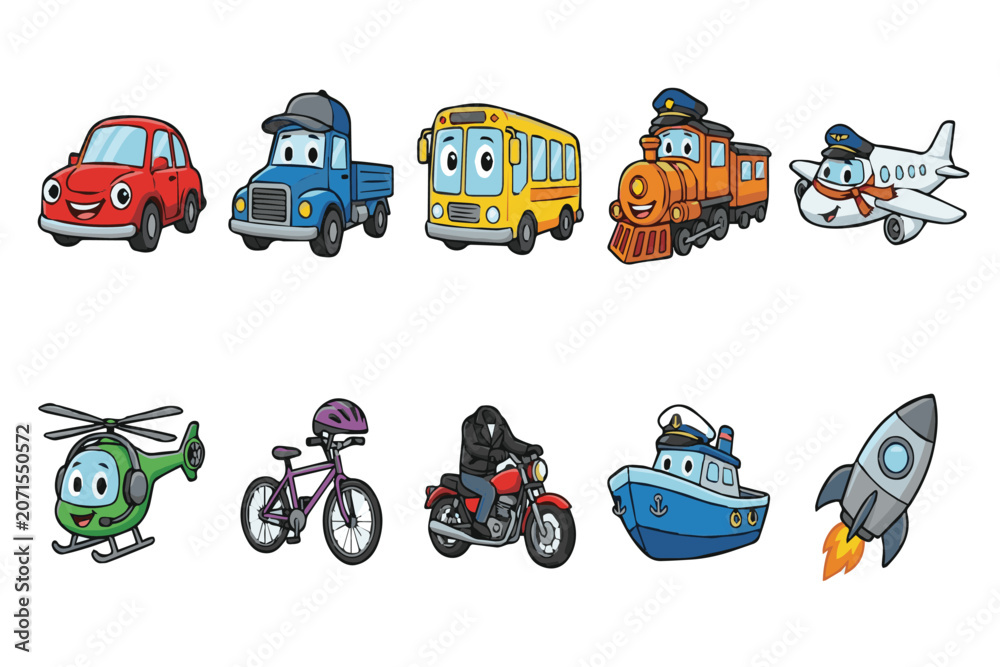Fototapeta premium Cute Vehicle Friends Character Bundle
