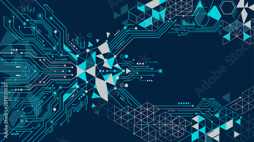 A futuristic illustration depicts a circuit board pattern with geometric shapes on a dark background.