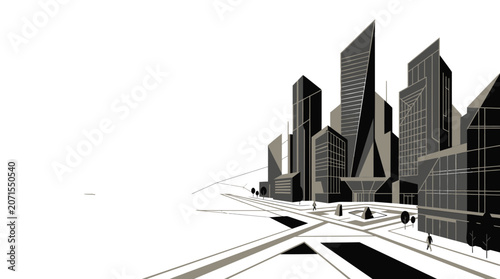 Cityscape illustration of VOLK with modern skyscrapers and busy streets