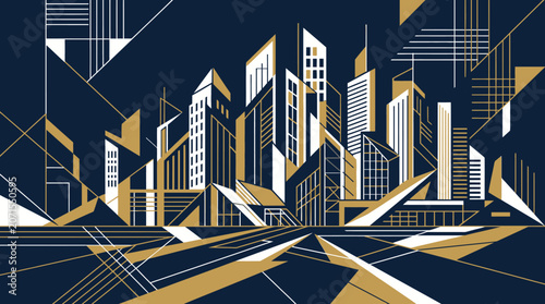 Graphic illustration of cityscape with buildings and roads at night