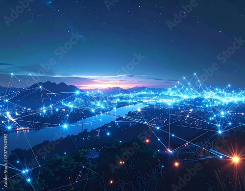 A futuristic cityscape at dusk with a river and mountain range