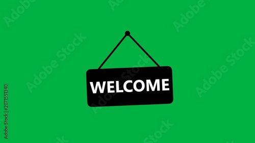 Welcome Hanging Sign on Green Background Greeting and Entrance Concept