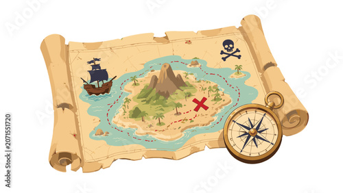Принти на полотні Pirate treasure map with island, compass and sailing ship
