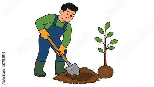 Fotografie Man digging soil beside sapling in flat vector illustration