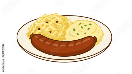 Bild auf Leinwand Vector plate with sausage, sauerkraut, and mashed potatoes