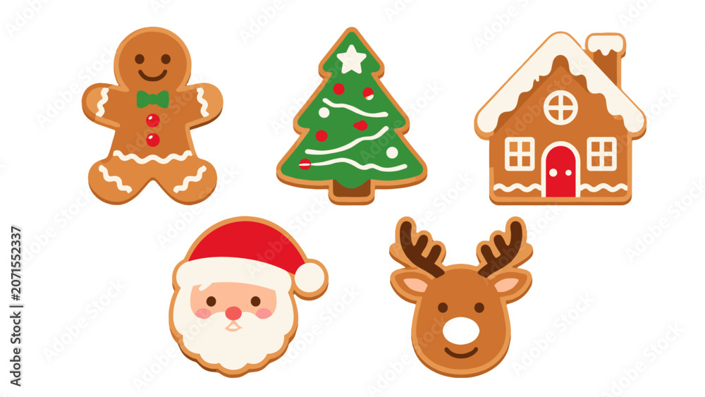 Naklejka premium Christmas gingerbread cookie set with tree house Santa and reindeer