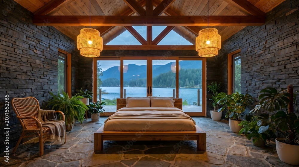 Fototapeta premium Biophilic Bedroom Interior with Teak Bed, Stone Walls, and Lakeside View with Wooden Beams