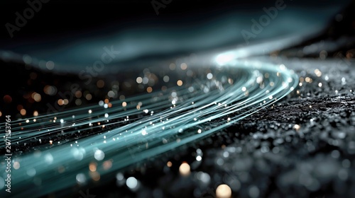 Abstract highway light trails with sparkling road texture for technology background.
